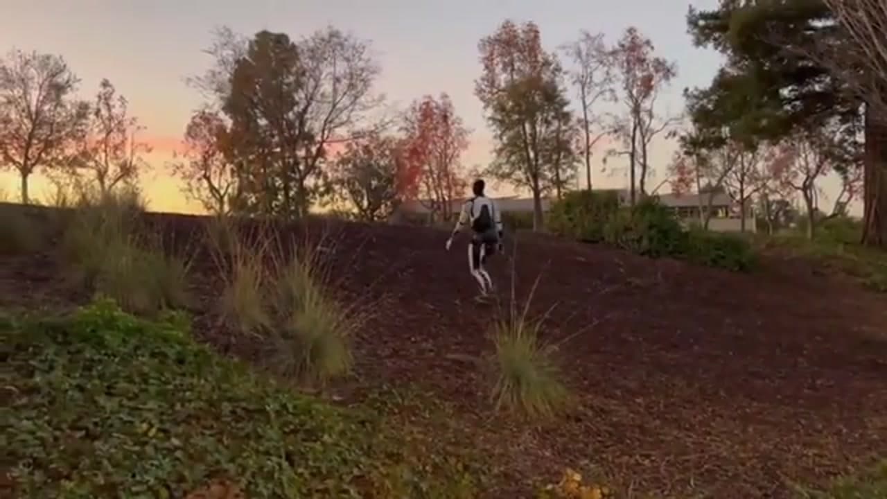 Tesla Optimus walking outdoors on a hillside path